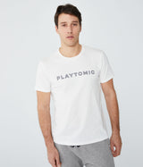 Camiseta blanca de manga corta de algodón transpirable con logo estampado en el pecho.