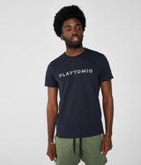Camiseta azul marino de manga corta de algodón transpirable con logo estampado en el pecho.