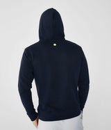 Sudadera con capucha ajustable y bolsillo tipo canguro en color azul marino vista por la espalda