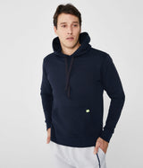 Sudadera con capucha ajustable y bolsillo tipo canguro en color azul marino vista frontal